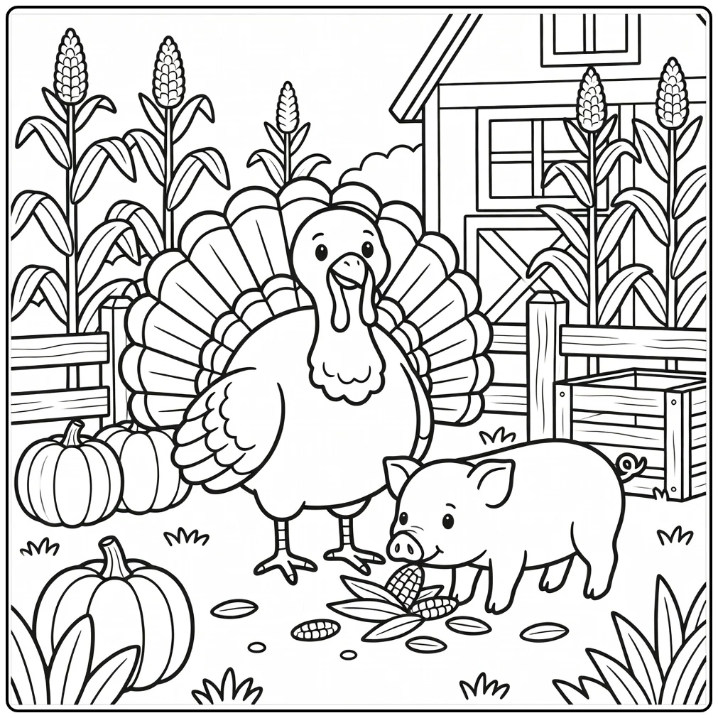 Farm animals coloring page: turkey struts by corn cart, piglet noses husks