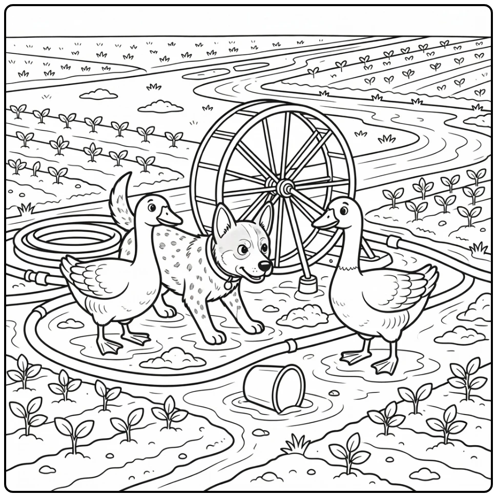 farm Dog coloring pages: Cattle Dog herding geese by wheel