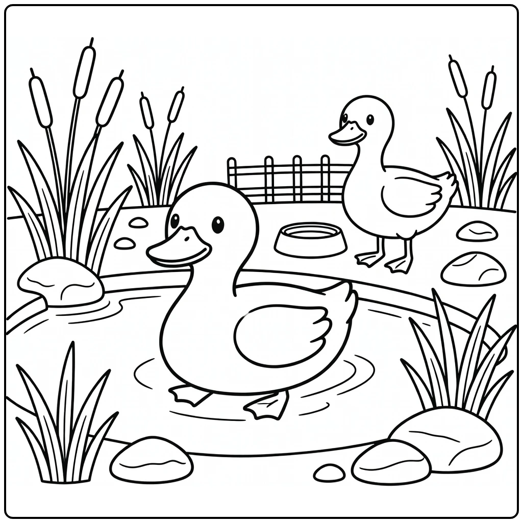 Cute farm ducks in pond farm animal coloring page