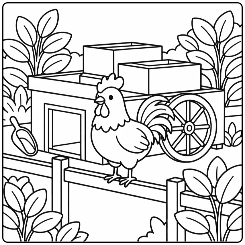 Rooster on fence by coop farm animal coloring page (48 chars)