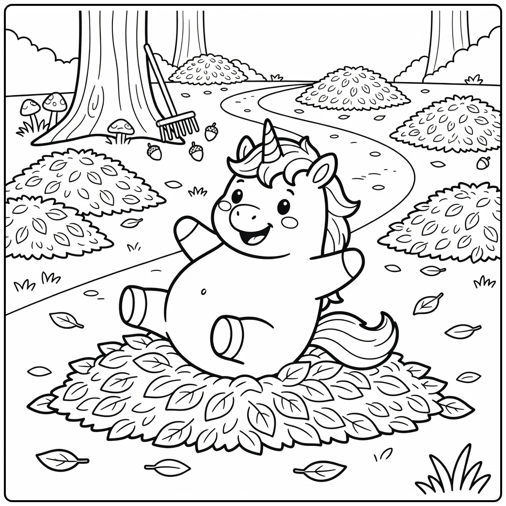 Fat unicorn coloring pages: chubby unicorn tumbling in leaves