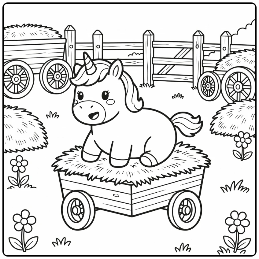 Fat unicorn coloring pages: chubby unicorn tilting hay wagon