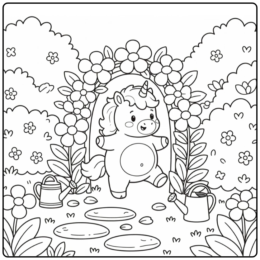 Fat unicorn coloring pages: chubby baby squeezing garden arch