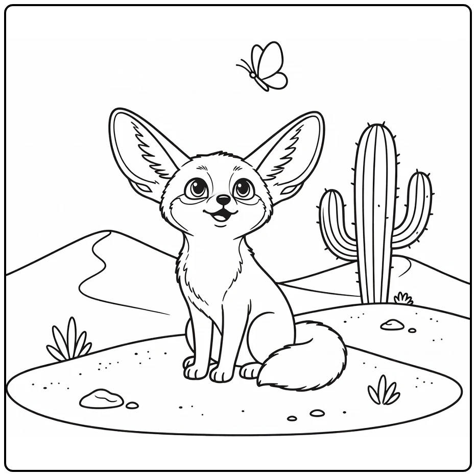 Easy wild animal coloring page: fennec fox eyes butterfly on dune