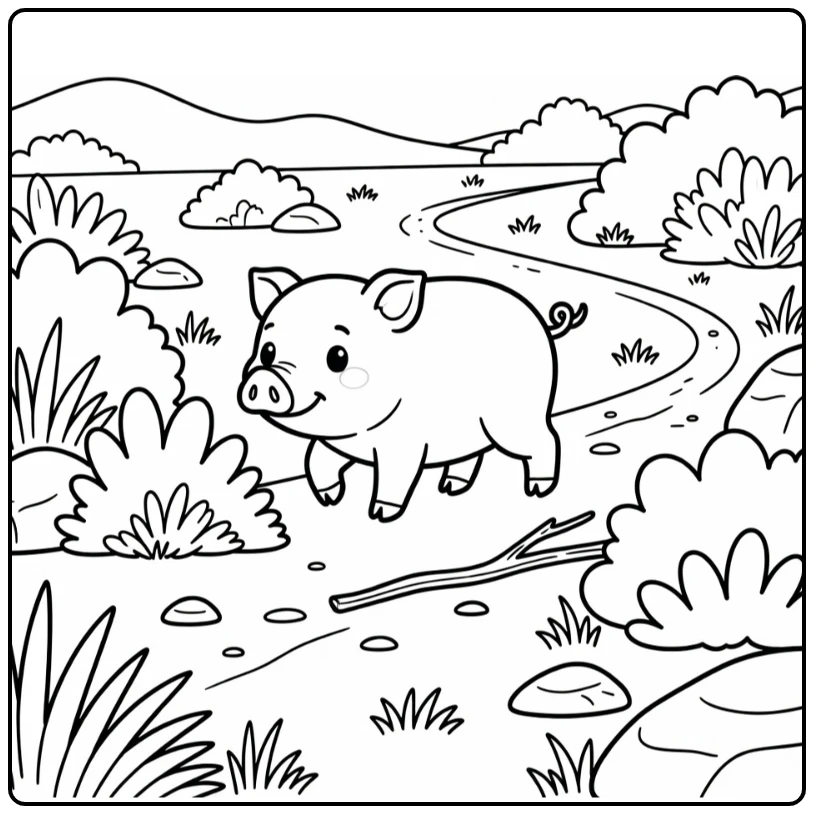 pig coloring page of feral pig near cactus in scrubland