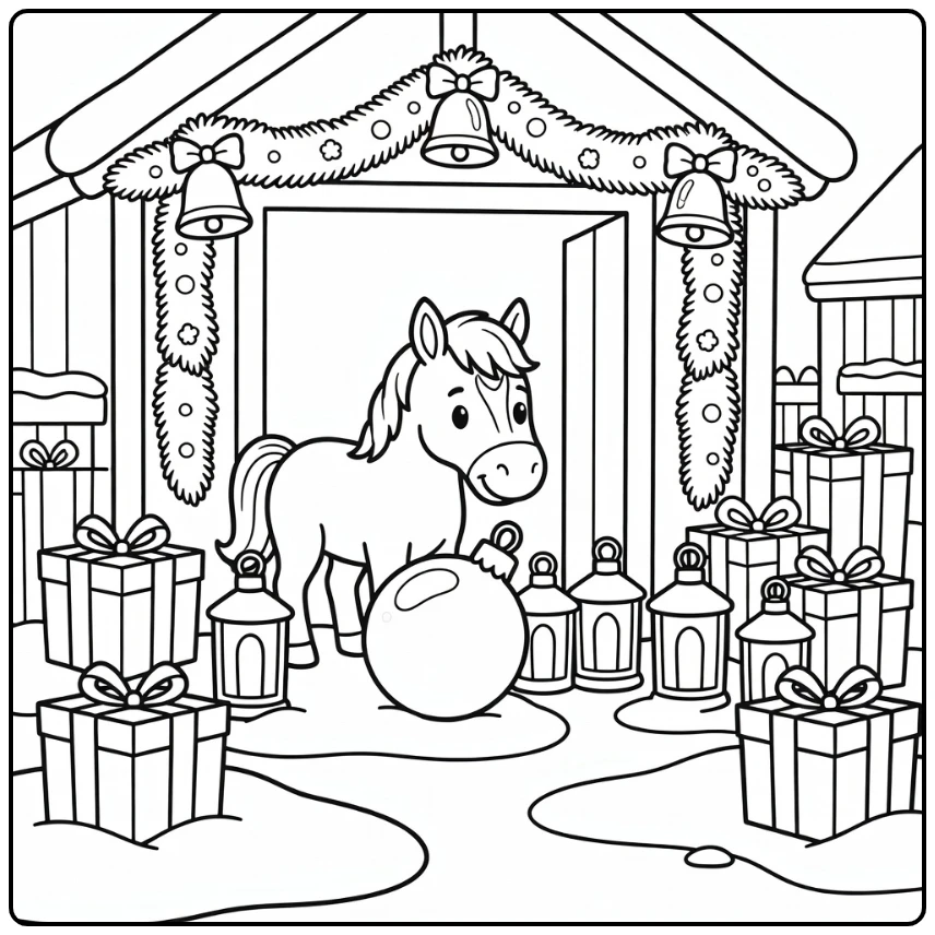 Christmas horse coloring page with ornament and stable