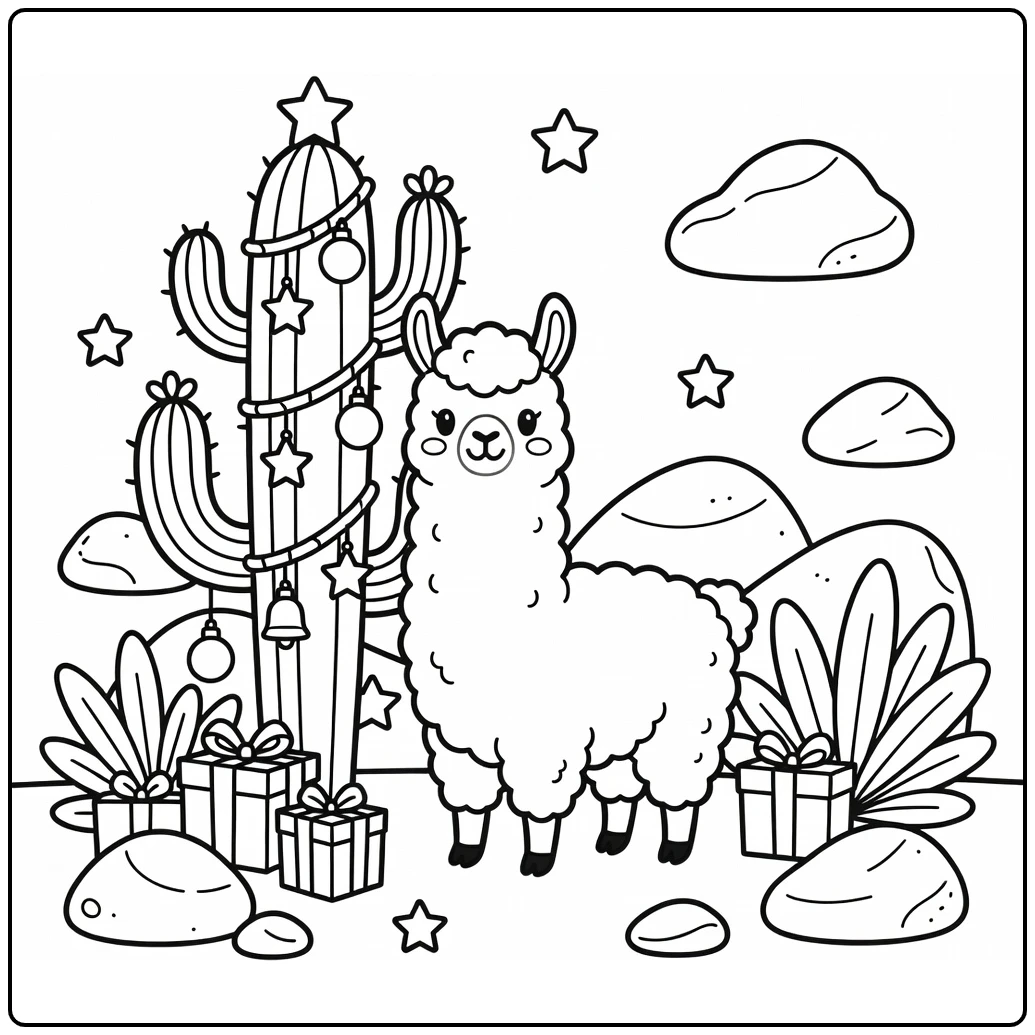 Llama & cactus Christmas tree christmas animal coloring page