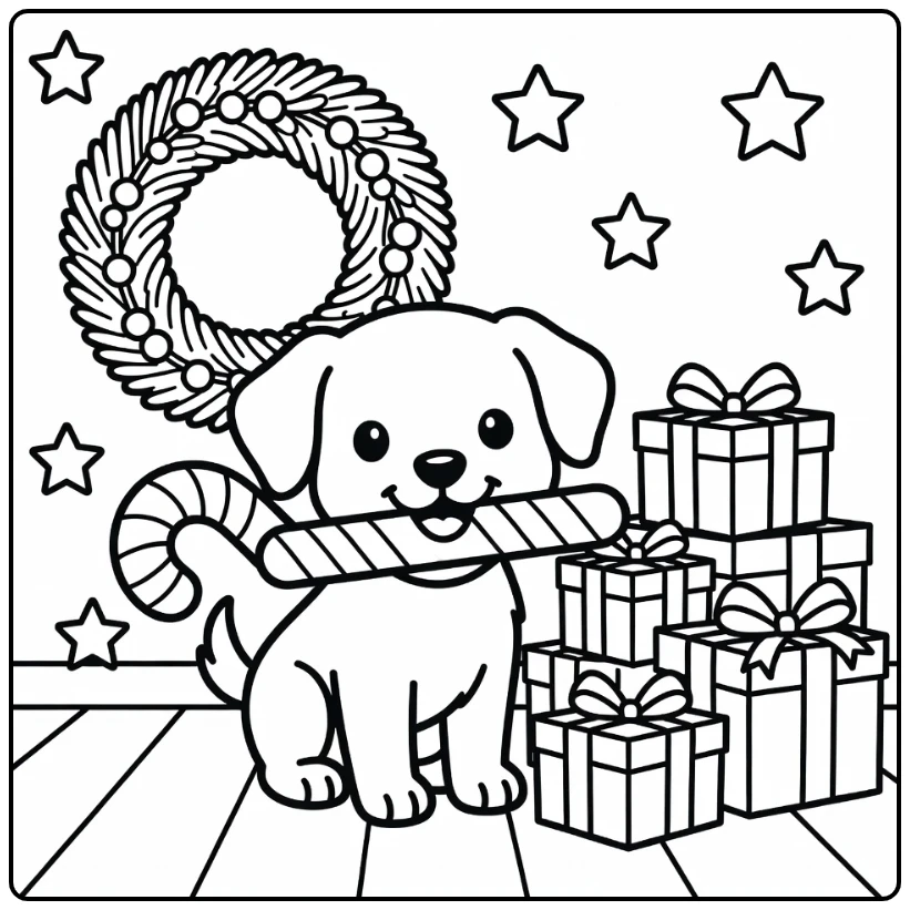 Puppy with candy cane Christmas animal coloring page