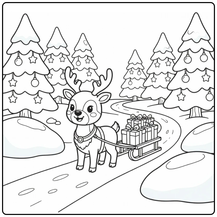 Reindeer pulling gift sled in snowy forest christmas animal coloring page