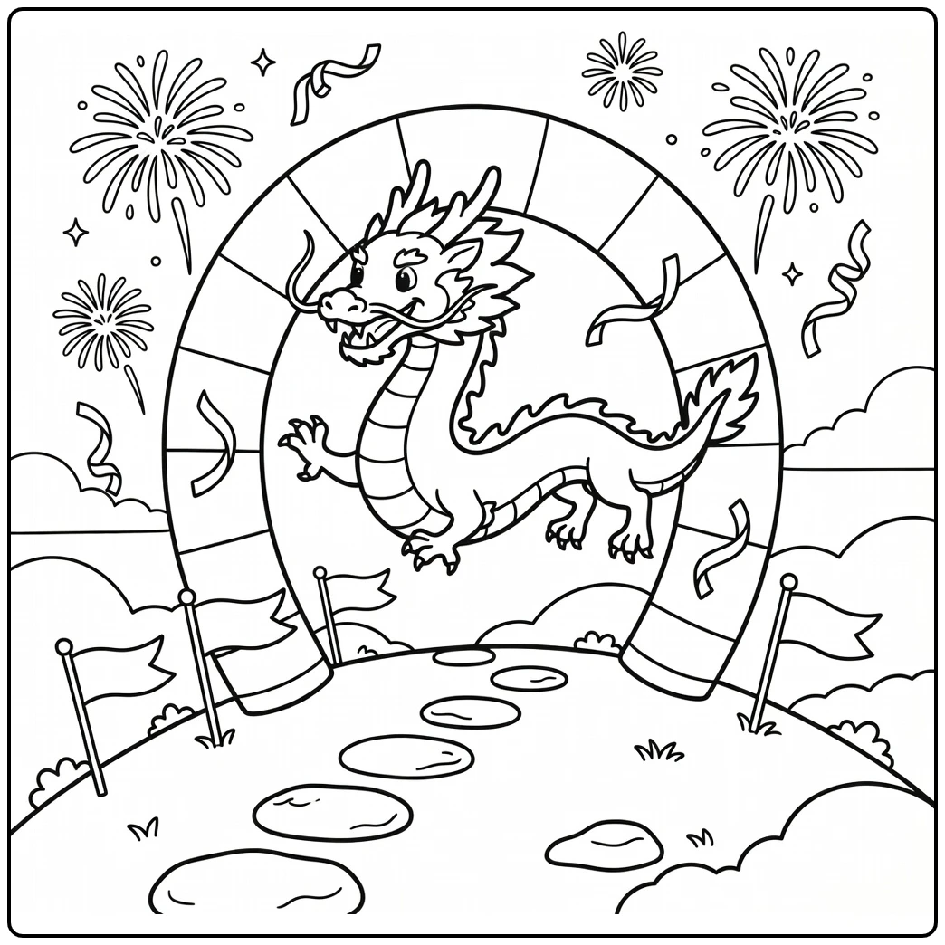 Year of the dragon coloring page: lively dragon rising through lantern