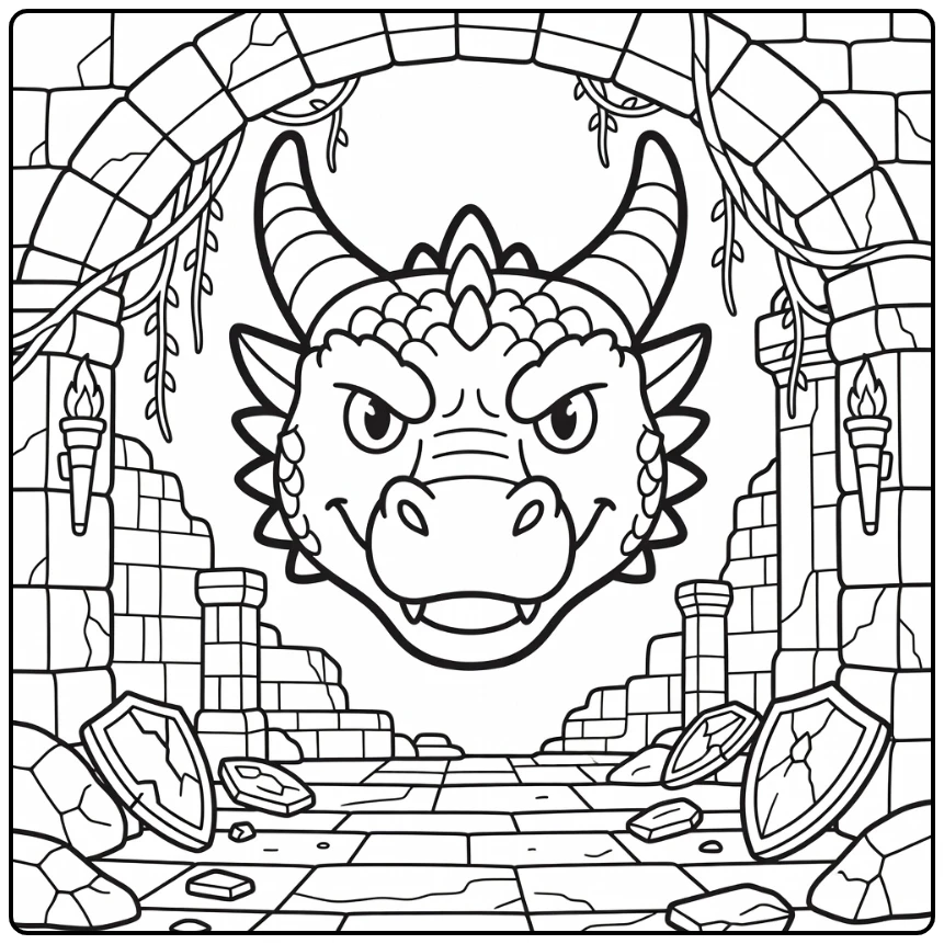 Dragon face coloring page in ancient castle ruins