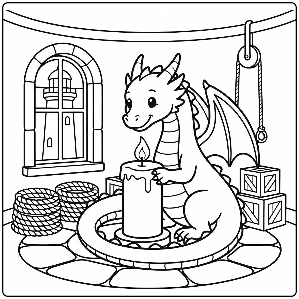 Fire dragon coloring page lighting lantern in lighthouse