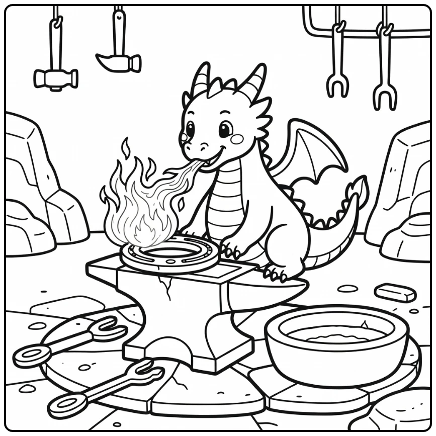 Fire dragon coloring page: blacksmith heating horseshoe
