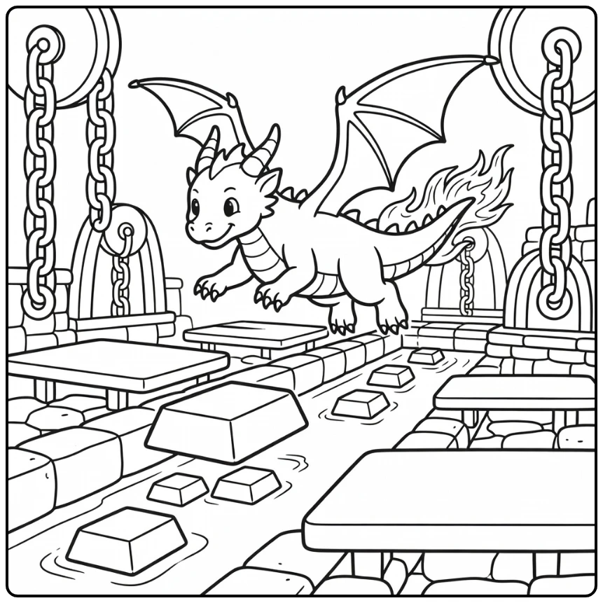 Fire dragon coloring page gliding over forge canal with ingots