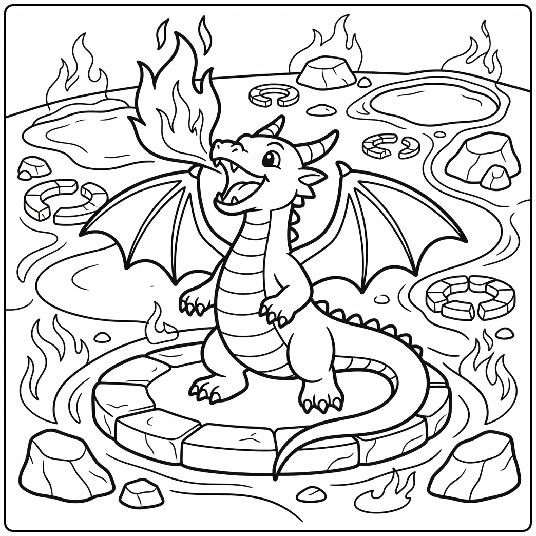 Fire dragon coloring page roaring in volcano crater