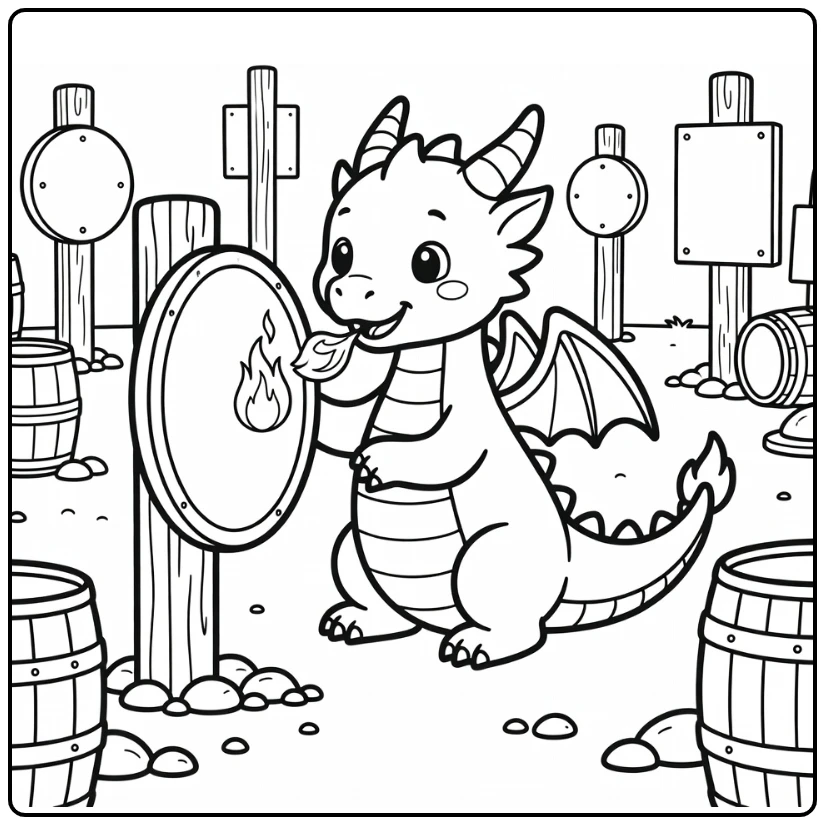 Fire dragon coloring page tapping shield with flame