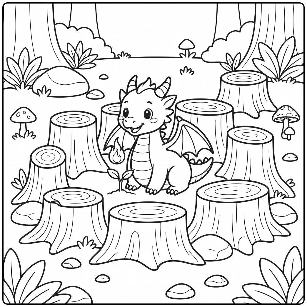 Fire dragon coloring page emerging from charred stumps