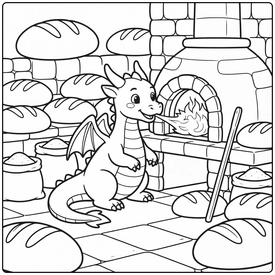 Fire dragon coloring page breathing flame into giant oven
