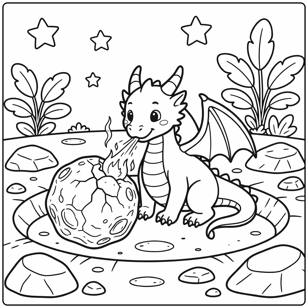 Fire dragon coloring page warming cracked meteor in crater