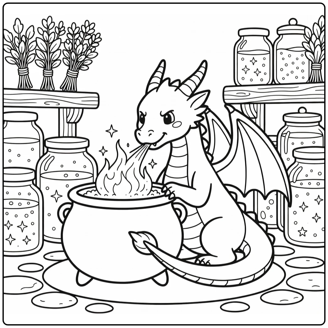 Fire dragon coloring page blowing flames on magical cauldron
