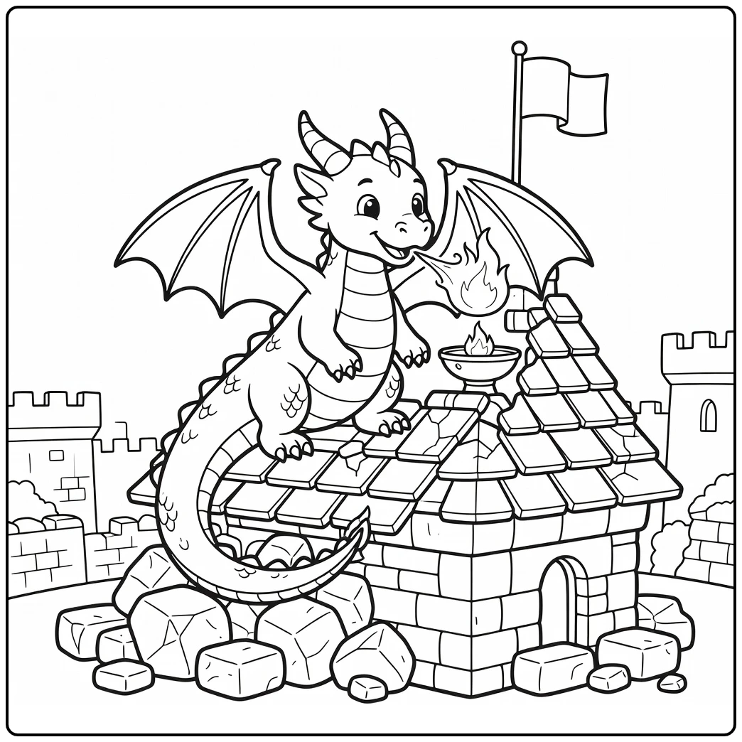 Fire dragon coloring page blowing flame at castle brazier