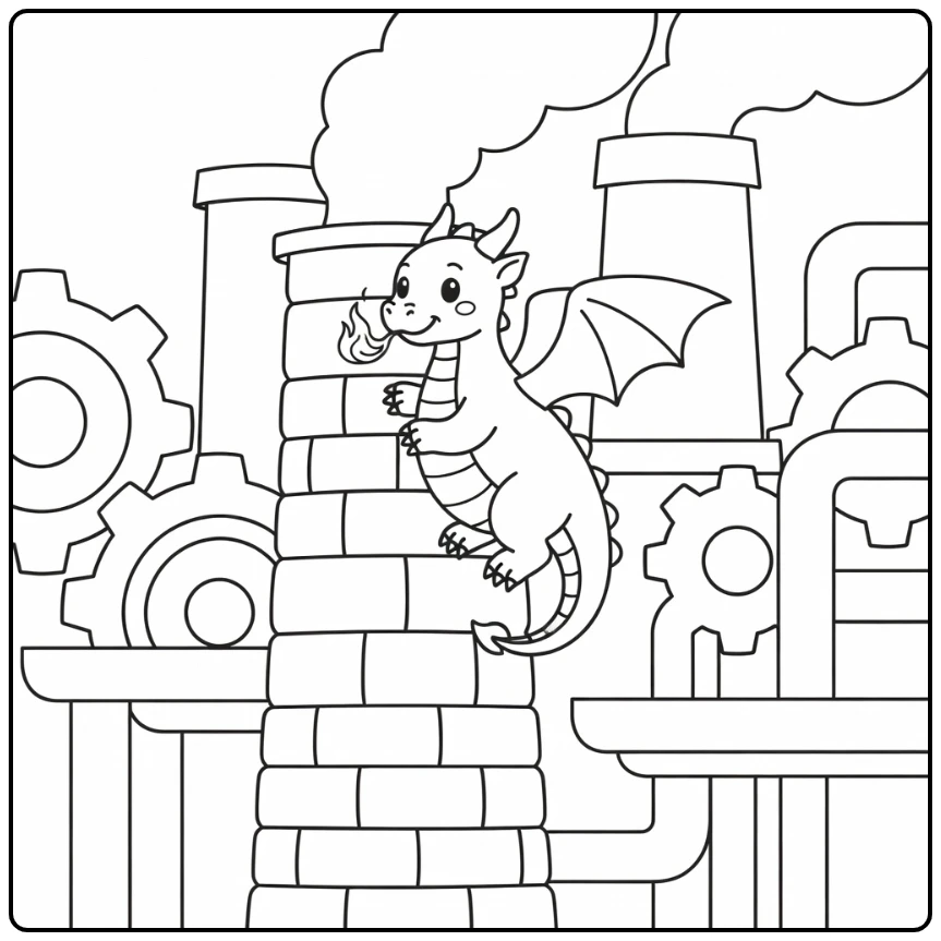 Fire dragon coloring page climbing giant stone chimney