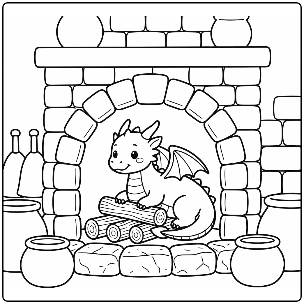 Fire dragon coloring page curled in cozy ancient fireplace