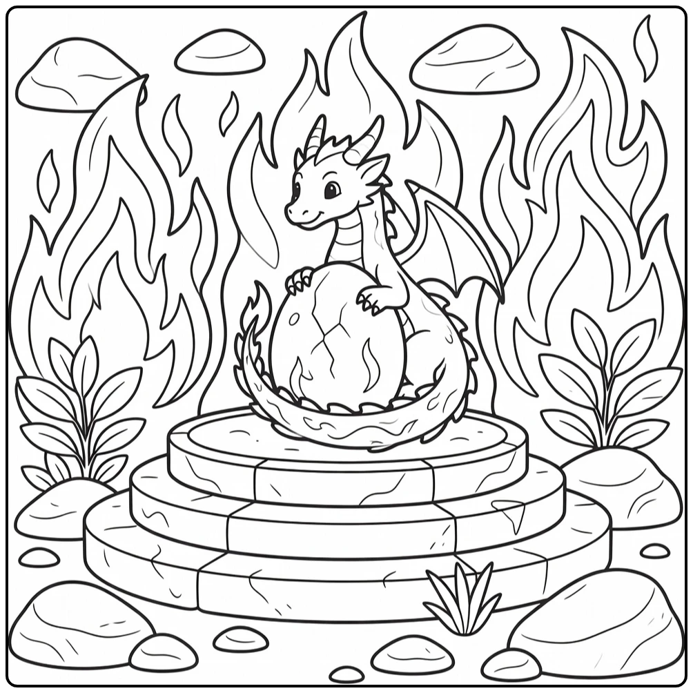 Fire dragon coloring page guards cracked ember egg on altar