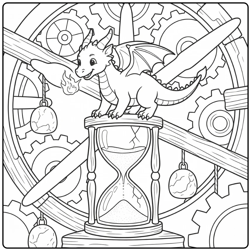 Fire dragon coloring page on cracked hourglass in clock tower
