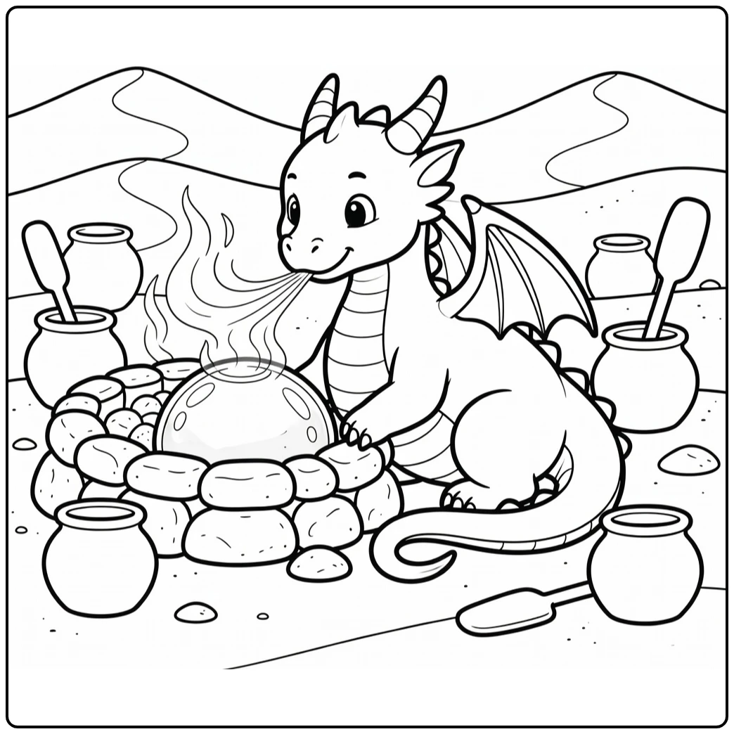 Fire dragon coloring page: warming glass orb by desert furnace