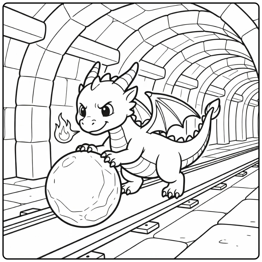 Fire dragon coloring page: rolling ember stone in tunnel