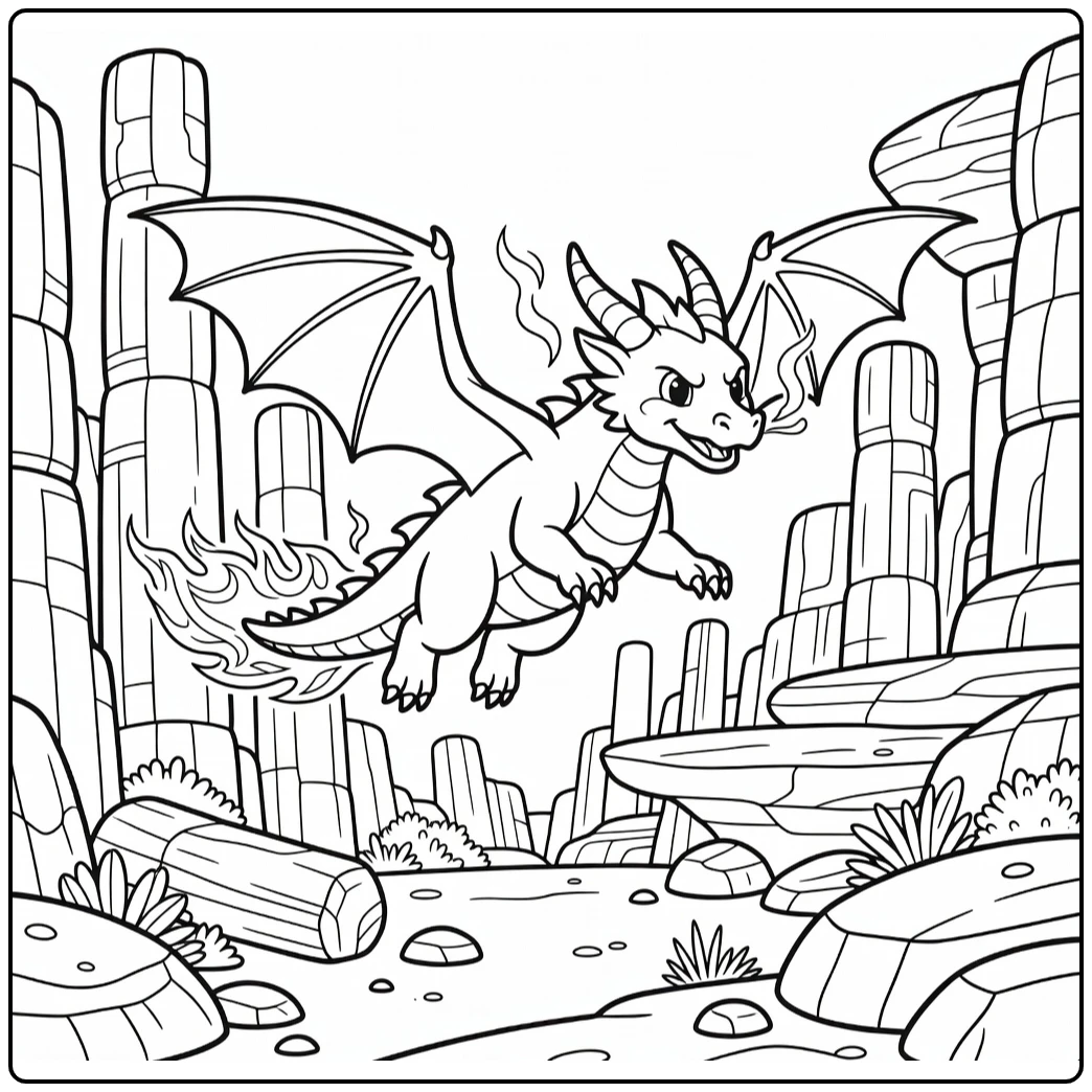 Fire dragon coloring page flying low through basalt canyon