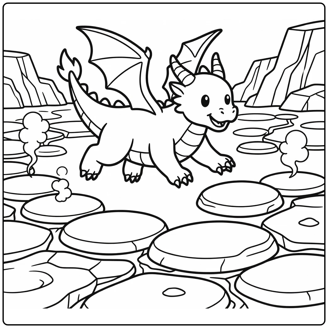 Leaping fire dragon on lava stones fire dragon coloring page