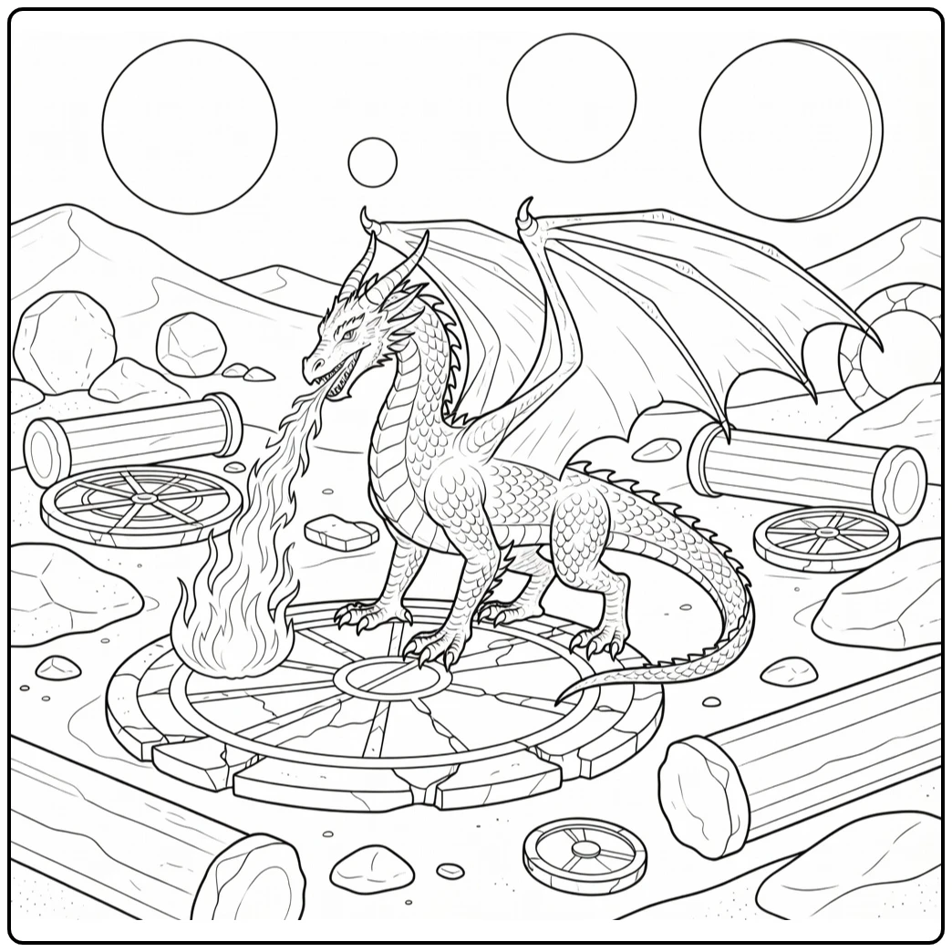 Fire realistic dragon coloring page on cracked sundial in ruins