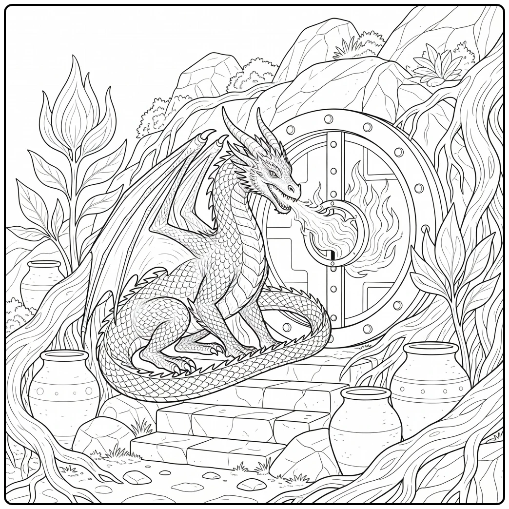 Fire realistic dragon coloring page guarding seed vault door