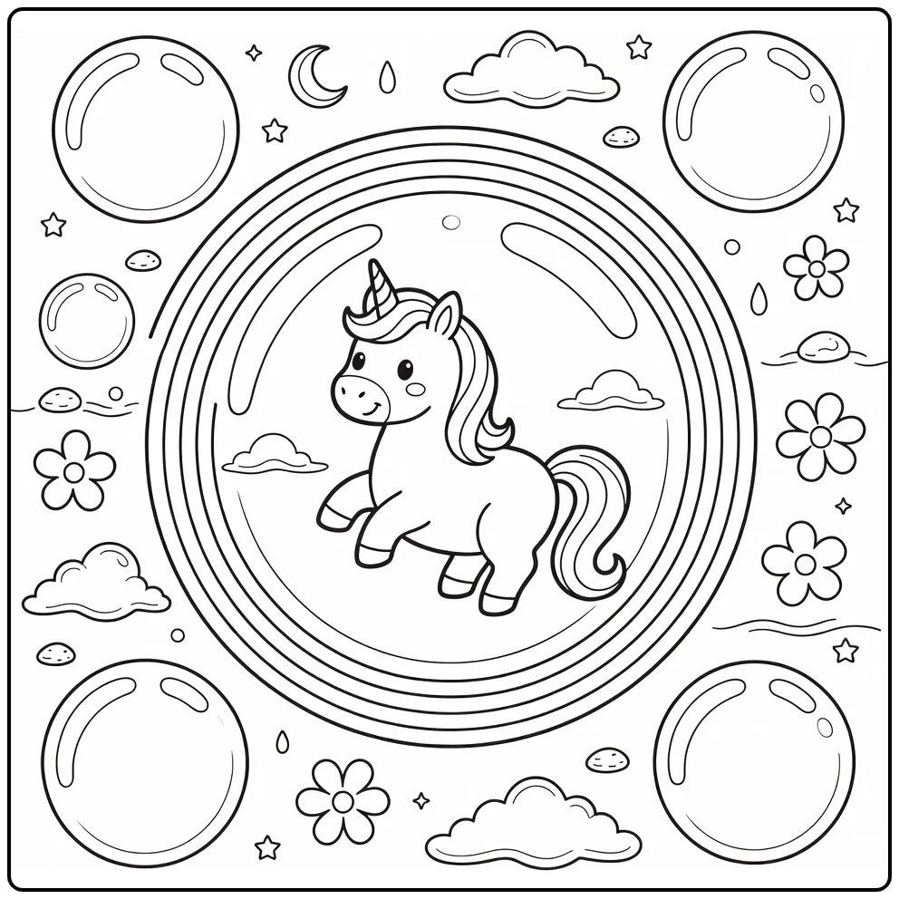 Rainbow unicorn coloring page in bubble with fantasy elements