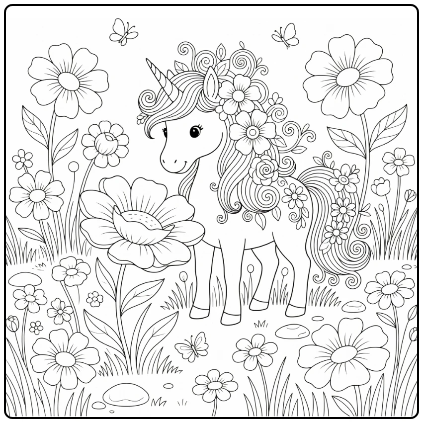 Flower unicorn coloring page: unicorn horn to giant bloom