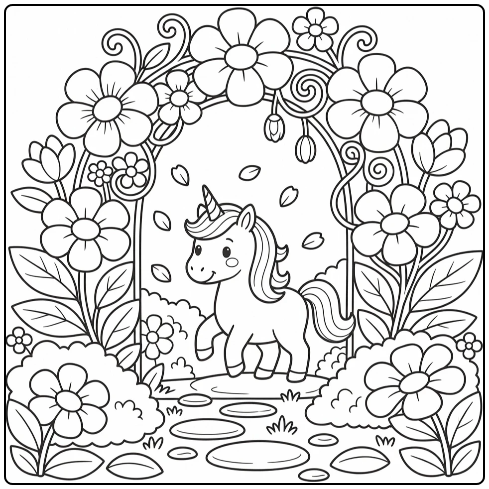 Flower unicorn coloring page: unicorn in floral archway with petals