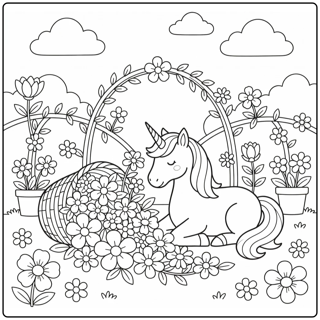 Flower unicorn coloring page: resting unicorn by tipped basket