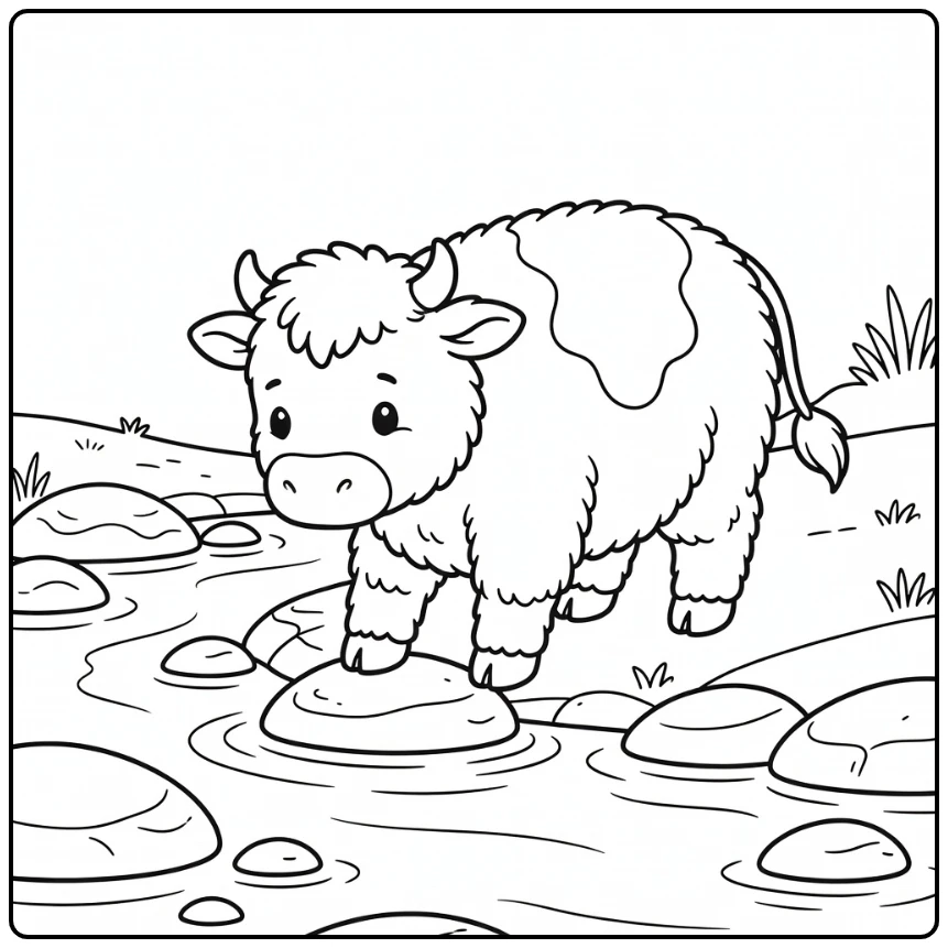 Fluffy cow coloring pages: cow steps over stream on stone