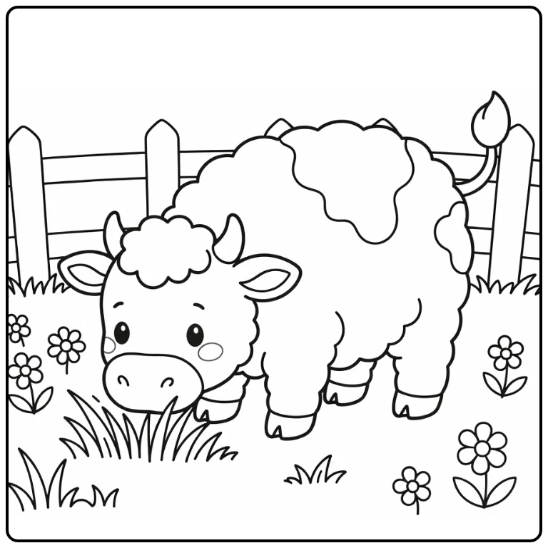 Fluffy cow coloring pages: cow grazing grass with flowers