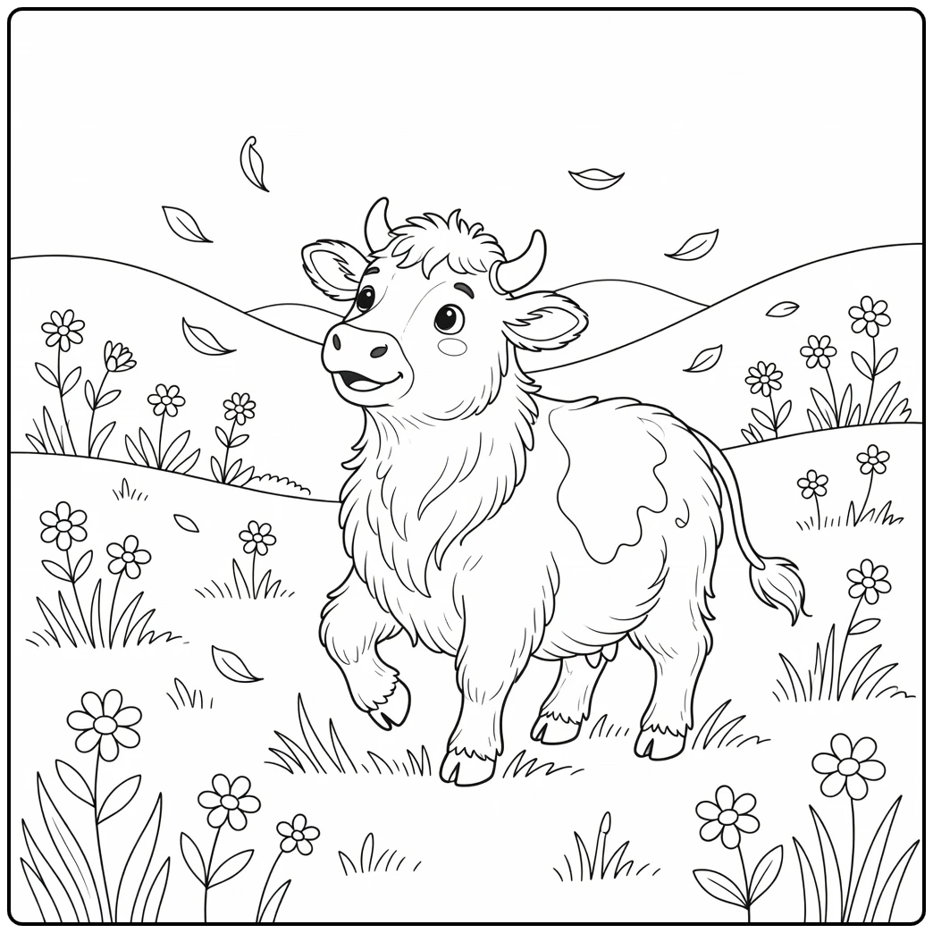 Fluffy cow coloring pages: shaggy cow in windy meadow