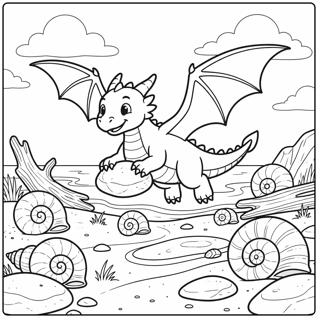 Flying dragon coloring page over shell beach with pebble