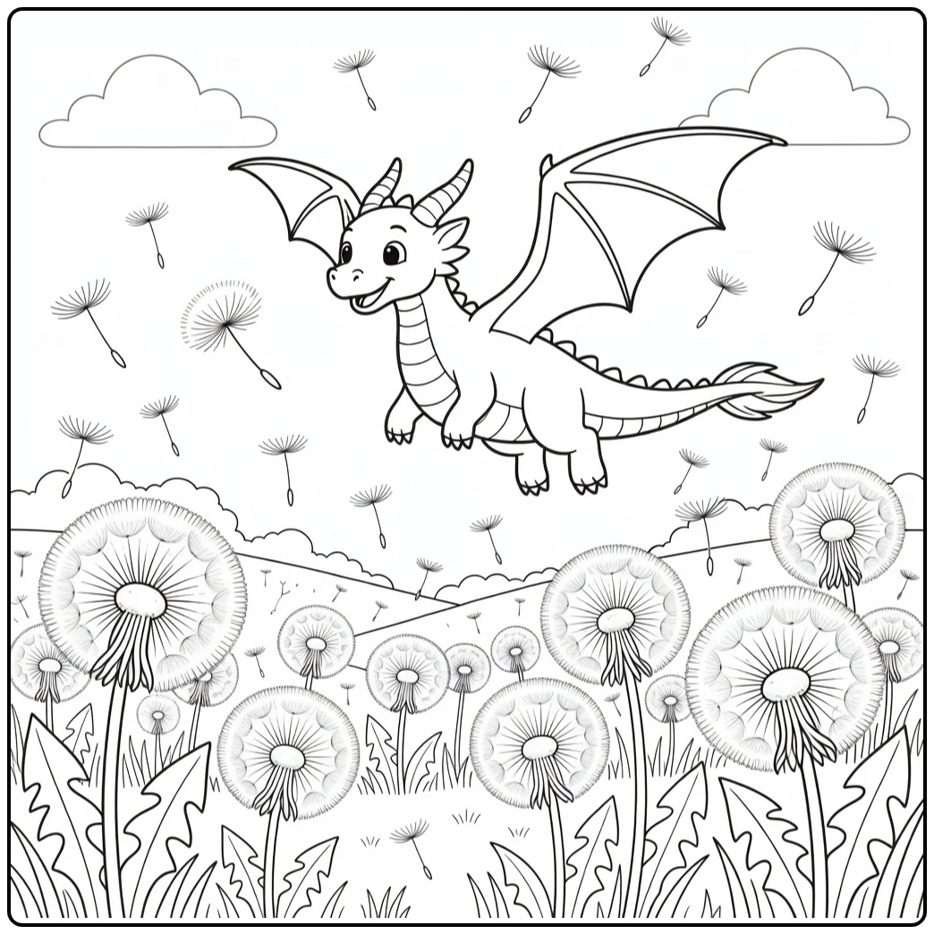 Flying dragon coloring page chases giant dandelion puff