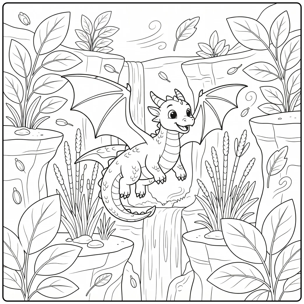 Flying dragon coloring page soaring thru leaf canyon reeds