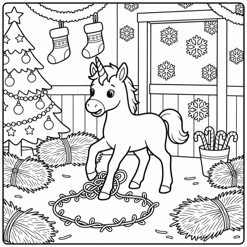Christmas unicorn coloring pages: surprised foal in garland