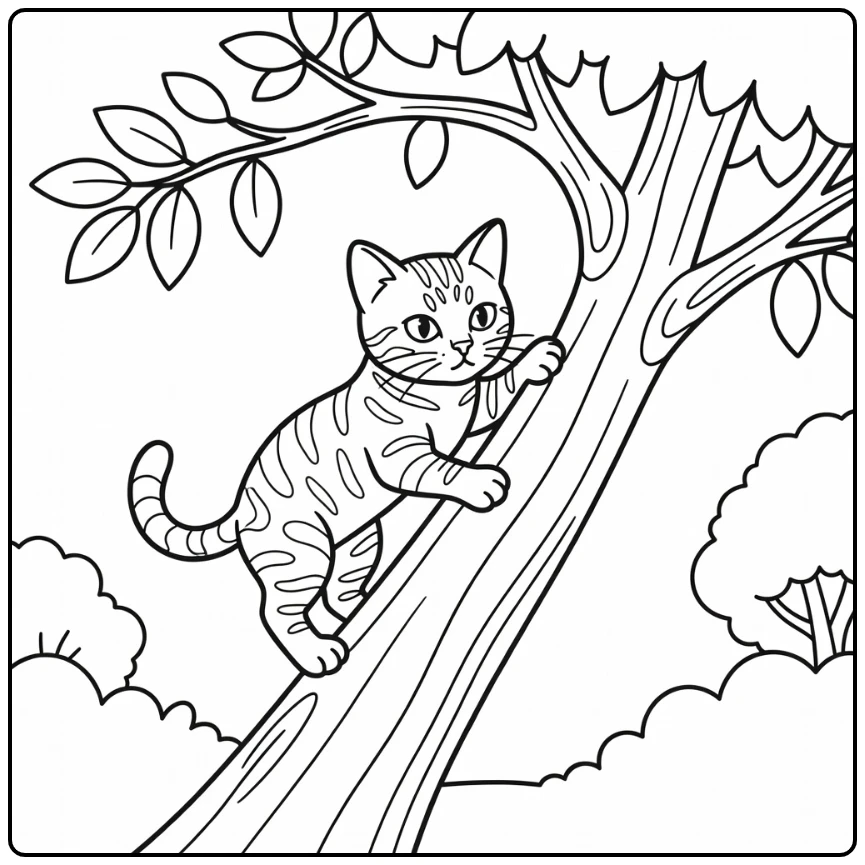 Determined Bengal cat climbing tree trunk, bengal cat coloring pages