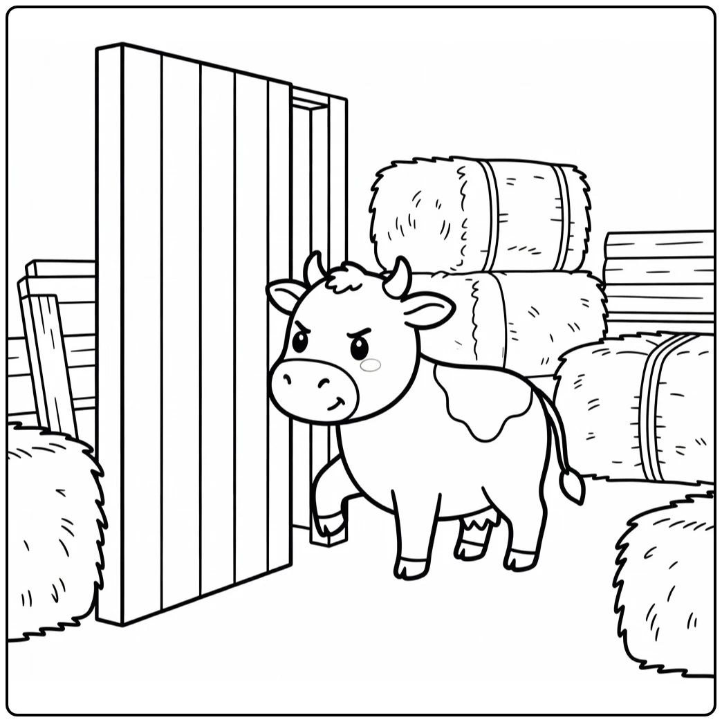 Cow pushing open barn door with nose, cow coloring pages