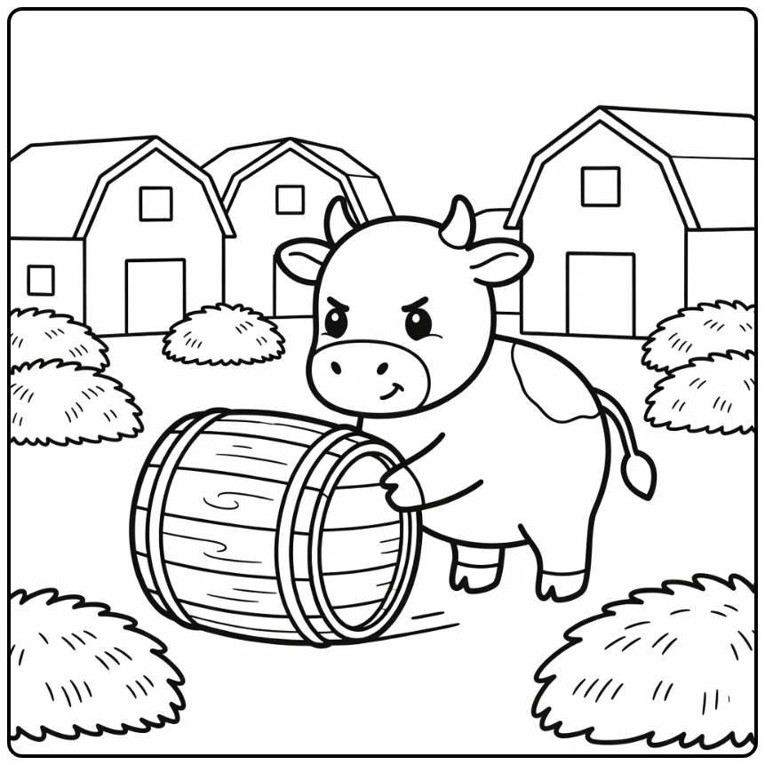 Cow pushing rolling barrel with hoof, farm cow coloring pages