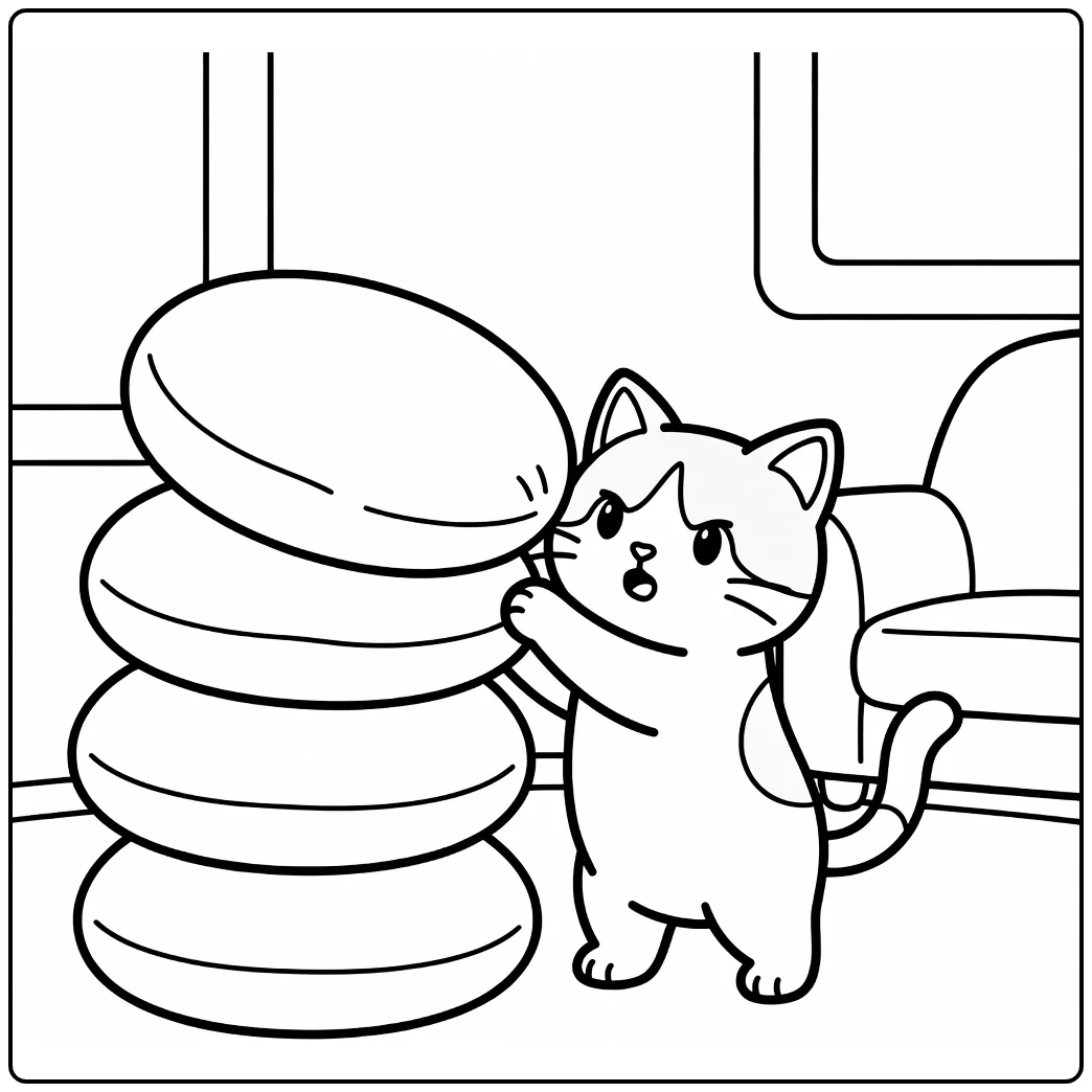 Tuxedo cat steadying tall cushion stack - tuxedo cat coloring pages